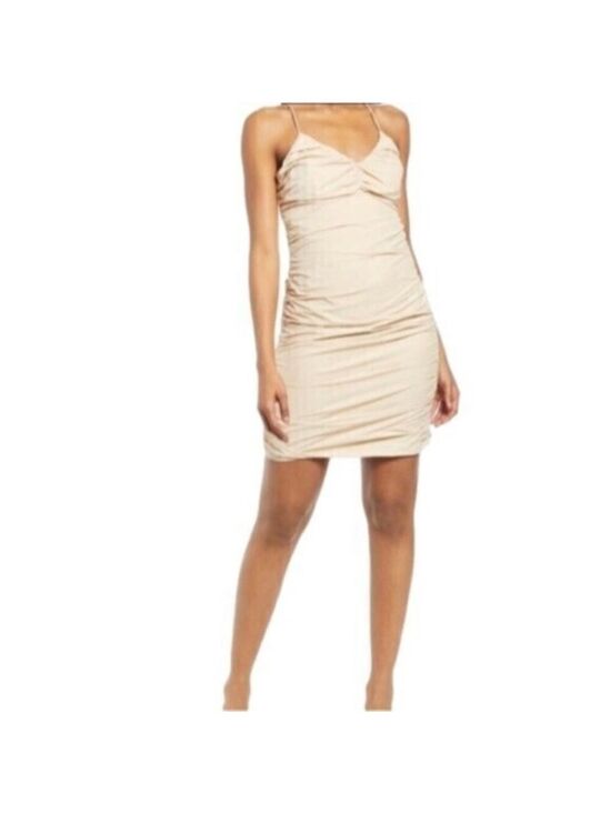 4TH & RECKLESS Rogue Cream Ruched Bodycon Mini Dress M Criss Cross Back NWT - Picture 4 of 12